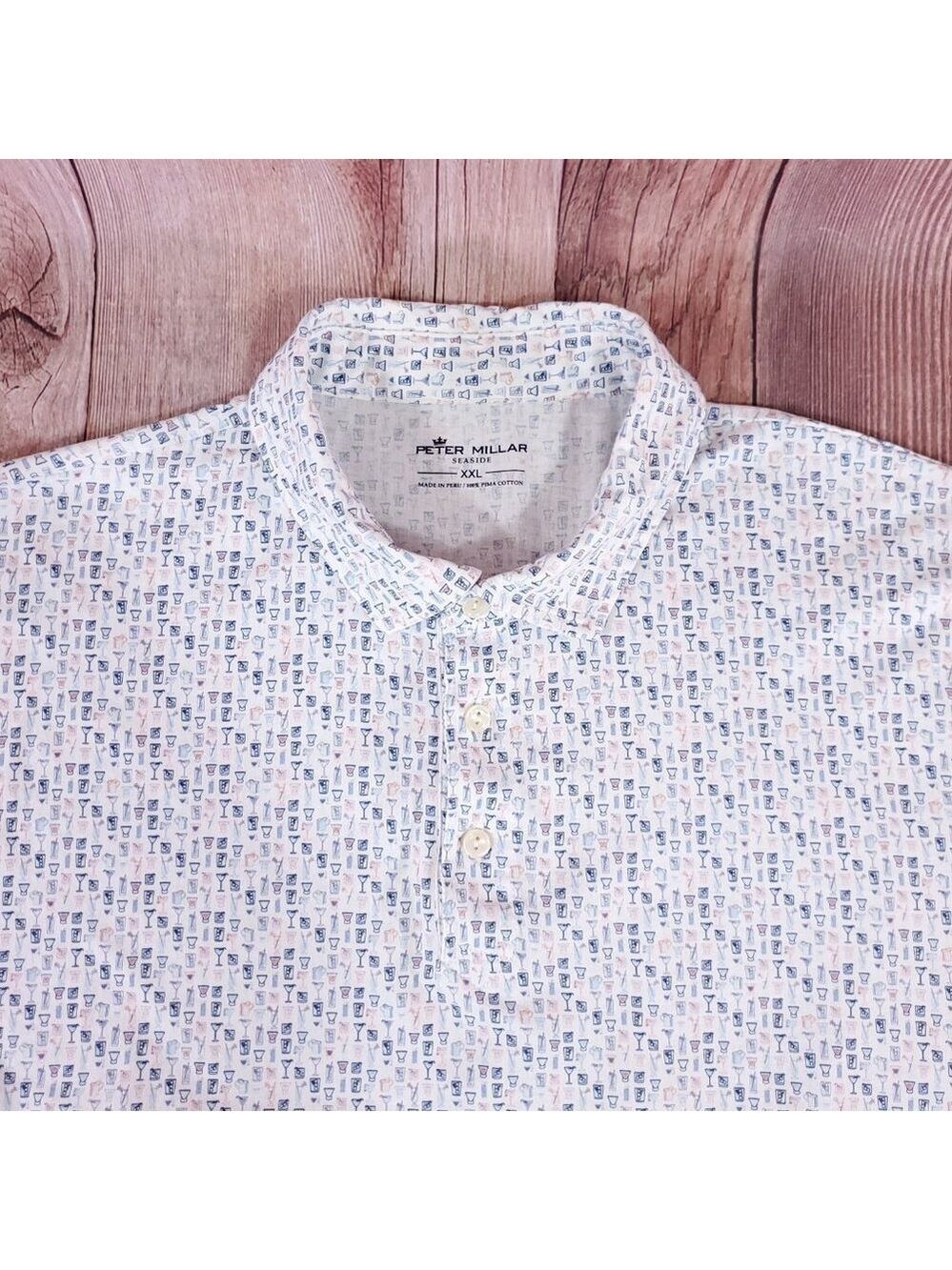 Peter Millar Seaside Mens XXL Sand Bar Aqua Cotton Polo Shirt Cocktail Martini - Picture 1 of 12